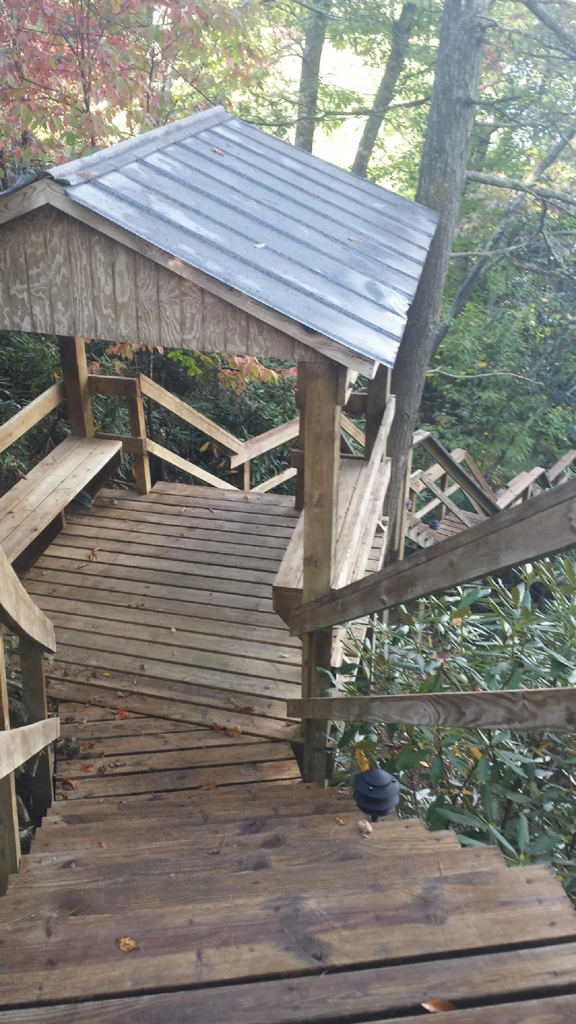 Metal roofed shelter over wooden steps on a wooded walkway — Skylight Repair & Installation work by our crew in Tallassee